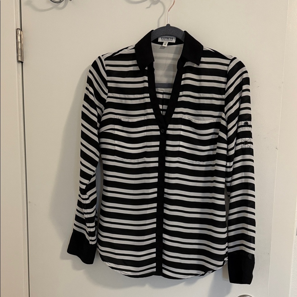 Express women’s Black and White Striped Button Down Shirt